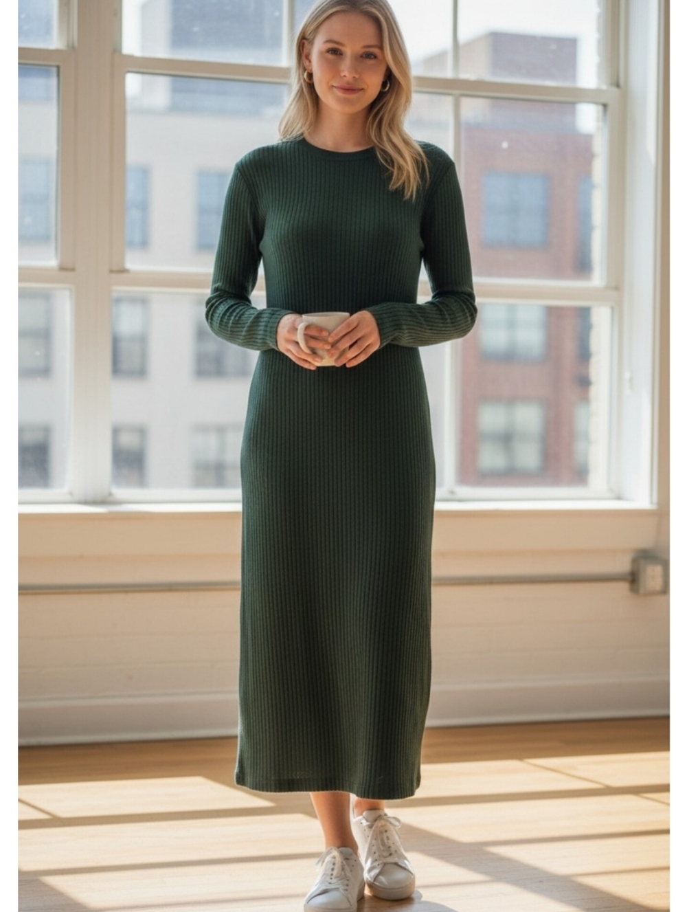 Zara Large knit midi dress long sleeves green stretch pullover staple piece